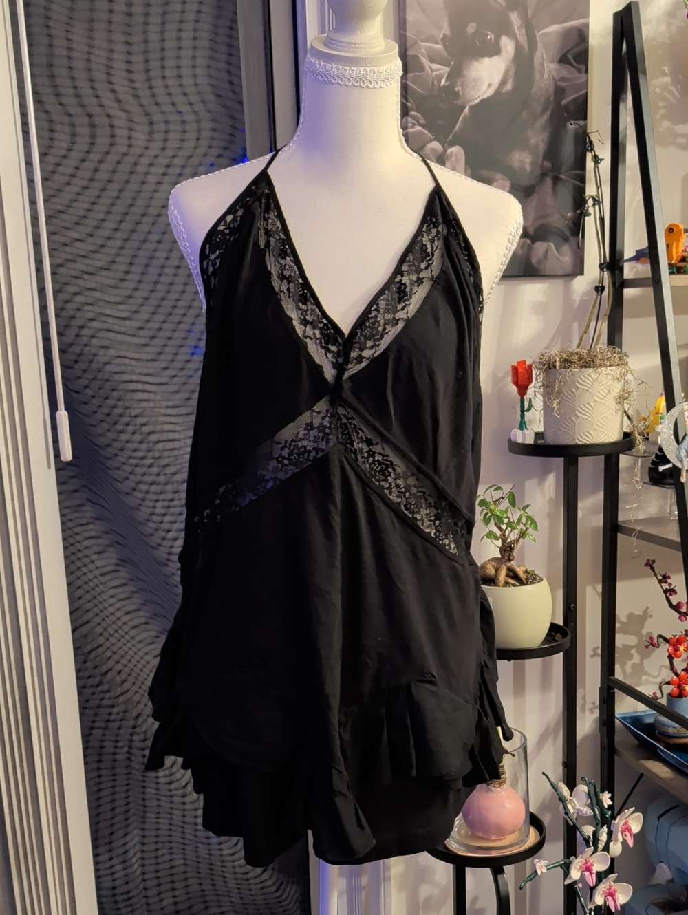 Anthropologie Black Lace-Accent Halter Romper, Large
